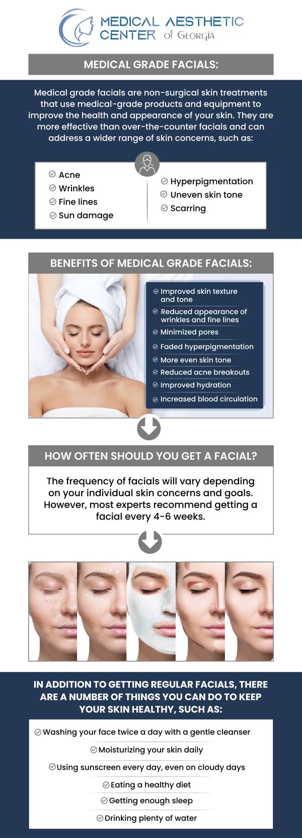 Common questions asked by clients: What is a medical-grade facial, and how does it differ from a spa facial? What skin concerns can medical-grade facials treat? Are medical facials customizable for different skin types and conditions? How long does the treatment usually take? For more information, contact us or request an appointment online. We are conveniently located at 1425 Georgia Ave Suite 201C, Macon, GA 31201.