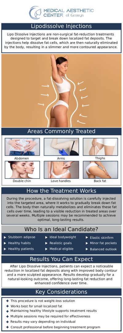 Common questions asked by clients: What are Lipodissolve injections, and how do they work? How do Lipodissolve injections differ from surgical fat removal procedures like liposuction? What areas of the body can be treated with Lipodissolve? What happens during a Lipodissolve treatment session? For more information, contact us or request an appointment online. We are conveniently located at 1425 Georgia Ave Suite 201C, Macon, GA 31201.